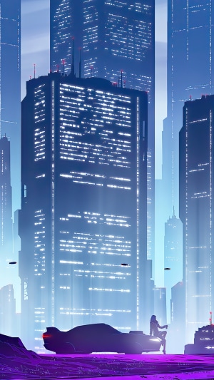 Synthwave cityscape with futuristic vehicle and person