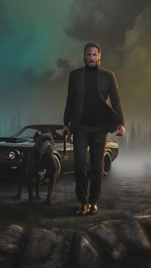 John Wick with Dog and Classic Car