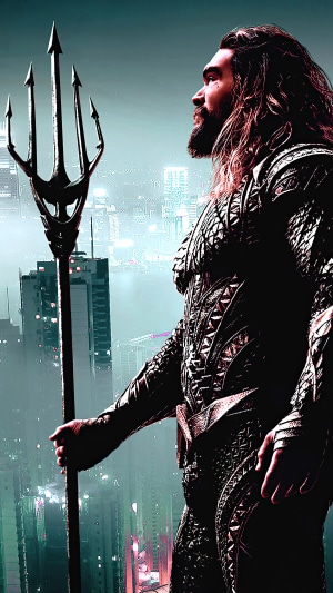Aquaman holding a trident in front of a city