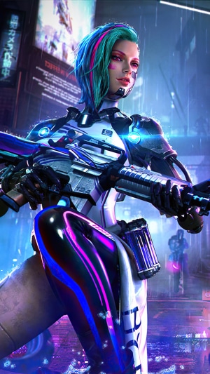 Female character with cybernetic enhancements and rifle in Free Fire