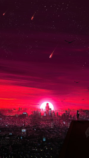 Cyberpunk city at sunrise with falling stars