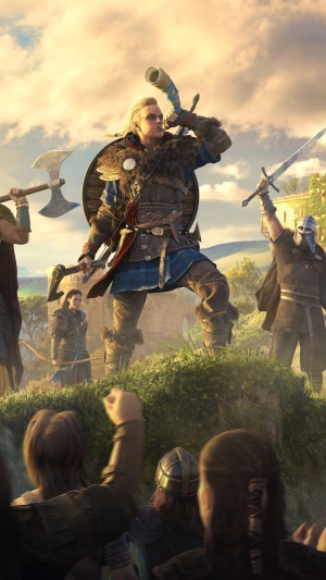 Eivor from Assassin's Creed Valhalla blowing a horn