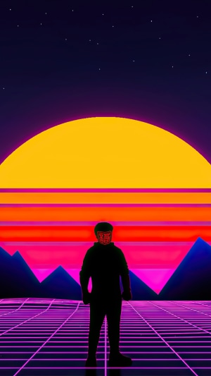 Retrowave artwork of a person with a mask