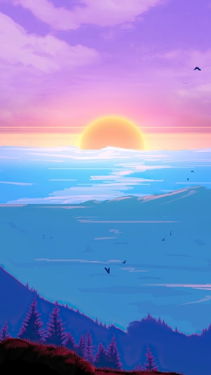 Digital art of a sunset over mountains and clouds
