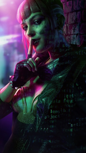 Woman with finger to lips in neon light, Watch Dogs Legion