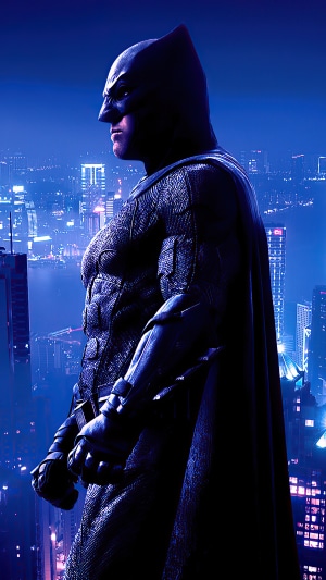 Batman standing in front of a city skyline