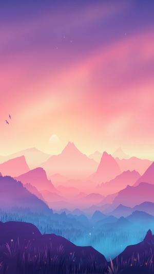 Digital Art Landscape with Mountains and Sunset