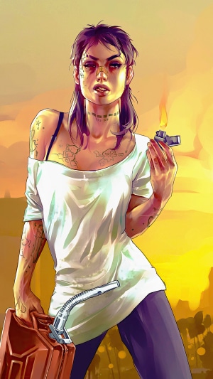Woman from GTA V holding a gas can and a lighter