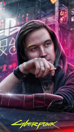 Cyberpunk 2077 character with cybernetic arm and tattoos
