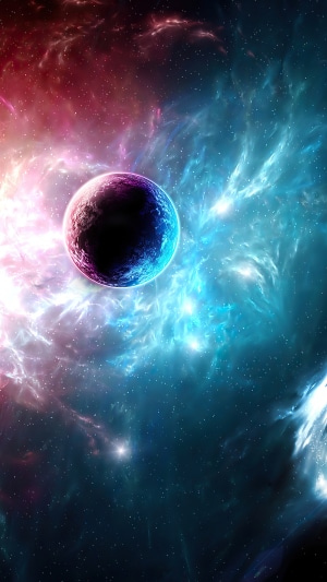 Digital art of a planet in a colorful galaxy