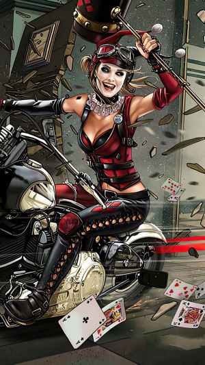 Harley Quinn on a Motorcycle with a Mallet