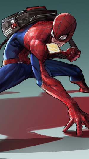 Spider-Man eating toast with a backpack