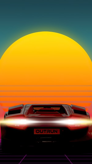 Outrun car with sunset and grid