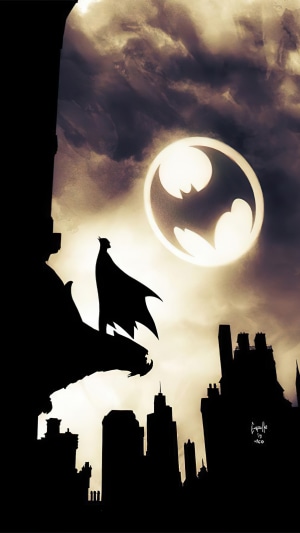 Batman from DC Comics on a Gargoyle overlooking Gotham City