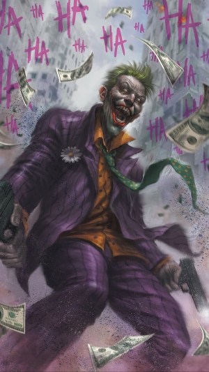Joker with guns and money falling