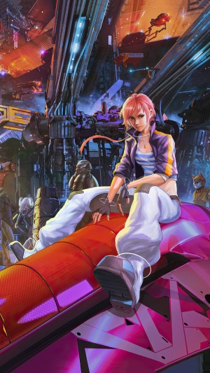 Girl with pink hair on a futuristic vehicle