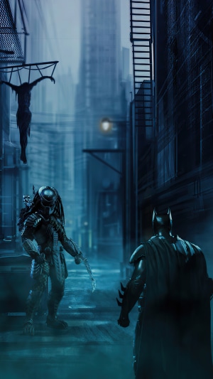 Batman and Predator in a dark alley