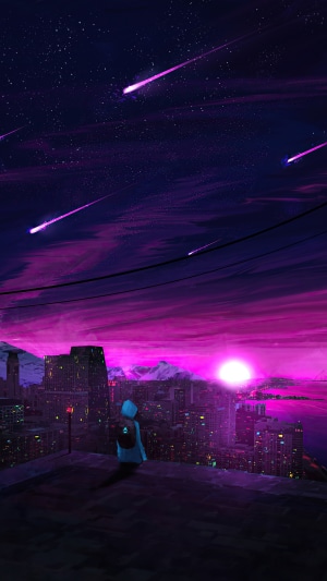 Person watching meteor shower over city at sunset