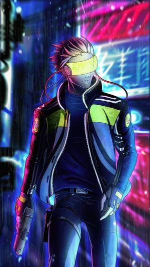 Anime man with VR goggles and gun in neon city