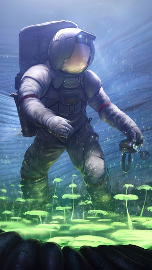 Astronaut exploring alien planet with glowing plants