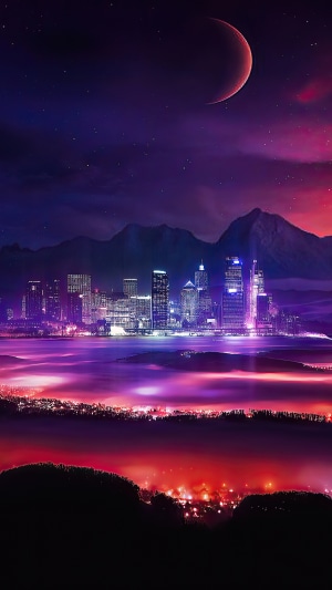 Digital Art Cityscape with Crescent Moon