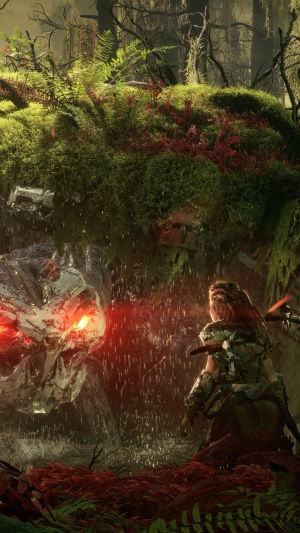 Aloy from Horizon Forbidden West fighting a machine
