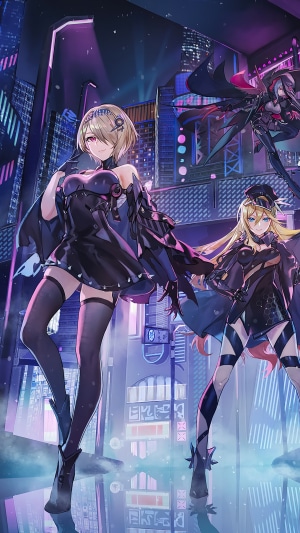 Anime girls in black outfits in a futuristic city