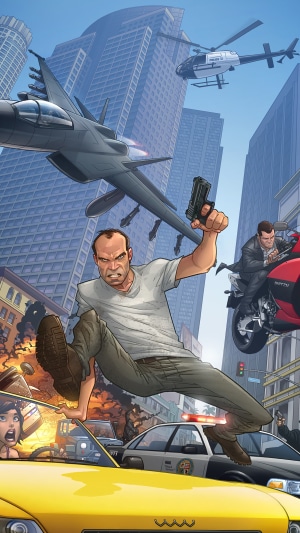Trevor Philips from Grand Theft Auto V in a city chase