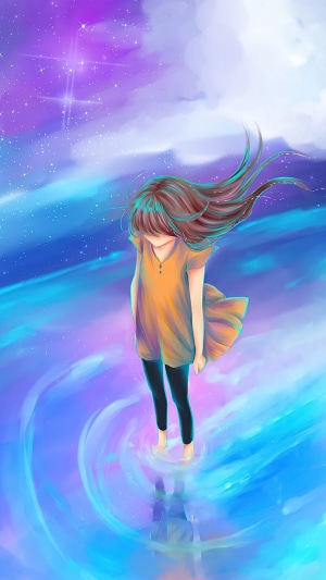 Anime girl standing in water under starry sky
