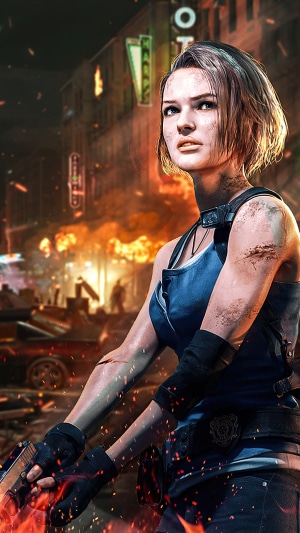 Jill Valentine from Resident Evil 3 in a burning city