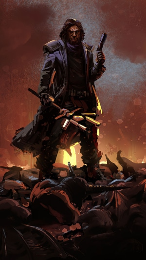 Man with gun and axe standing on bodies