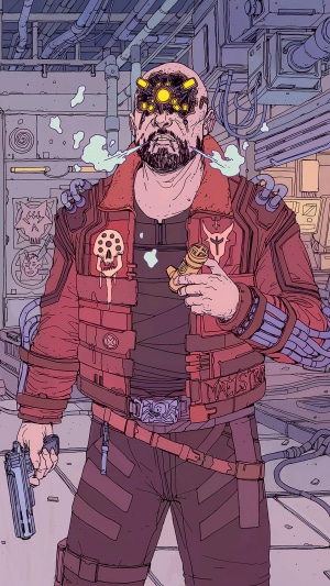 Cyberpunk 2077 character with cybernetic eyes