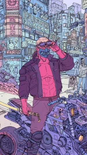 Man in mask and jacket with sword and motorcycle