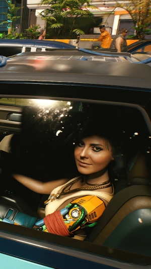 Woman with cybernetic arm in Cyberpunk 2077 4K