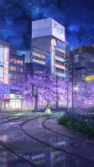 Anime girl and cat in a city at night