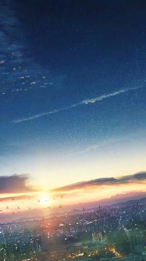 Anime cityscape at sunrise with birds flying