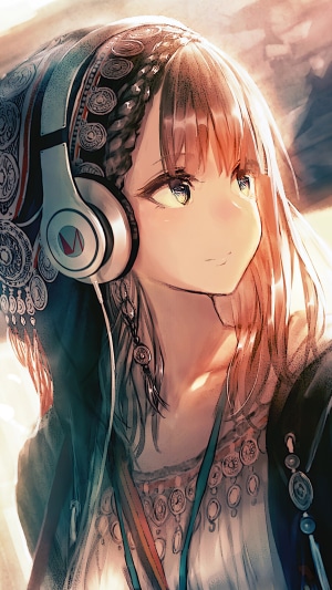 Anime girl with headphones and ornate headdress