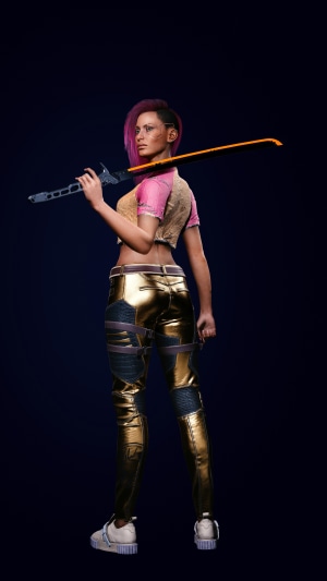 Female character from Cyberpunk 2077 holding a sword