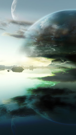 Sci-fi digital art of planets and water