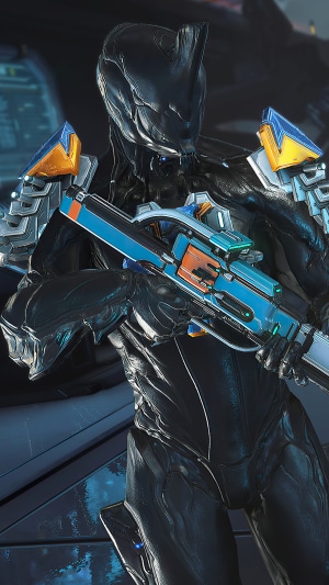 Warframe character holding a rifle