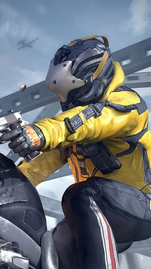 Player in yellow jacket with futuristic helmet riding motorcycle and shooting gun