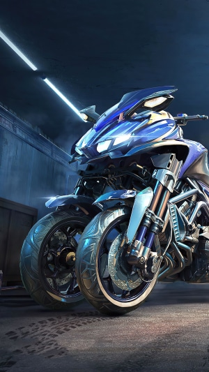 Blue futuristic motorcycle in a tunnel