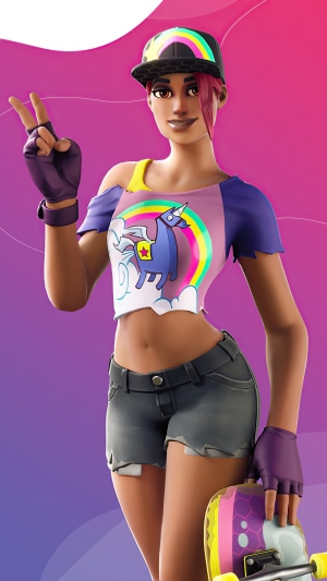 Fortnite character with unicorn shirt and skateboard