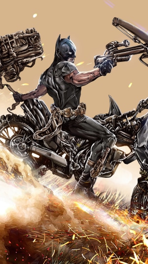 Batman on a motorcycle with weapons