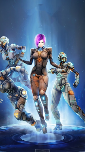 Four female cyborgs in futuristic armor on a glowing platform
