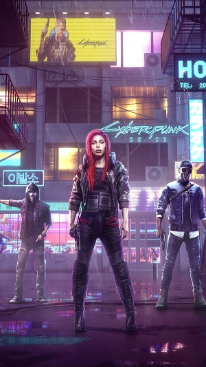 Cyberpunk 2077 characters in a neon-lit city