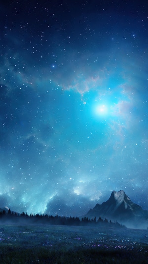 Digital Art of a Starry Night Sky Over Mountains