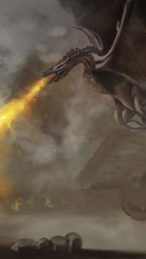 Dragon breathing fire in a smoky environment