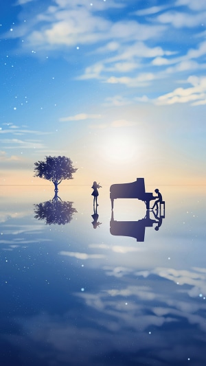 Anime artwork of a girl playing violin and a boy playing piano
