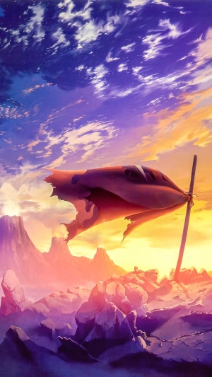 Anime artwork of a tattered flag in a desolate landscape